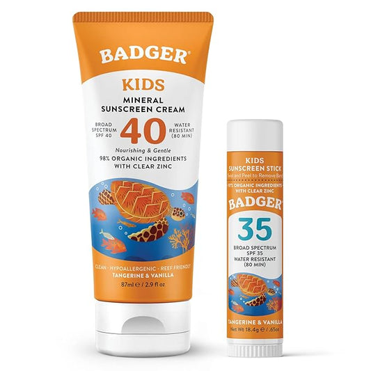 Badger Kids Mineral Sunscreen Combo, SPF 40 Cream + SPF 35 Kids Face Stick, Organic Sunscreens w/Mineral Zinc Oxide, Water Resistant, Reef Safe Broad Spectrum, Tangerine & Vanilla Scent, 2-Count-VivaGrace Women