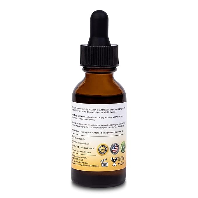 100% Organic & All Natural Plant-Based Squalane Oil for Face, Hair, & Body, Cold Pressed and Unrefined Premium Grade Multipurpose Facial Oil for Moisturize, Smooth, and Soften Skin - 1 Oz-VivaGrace Women