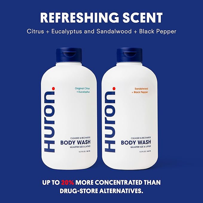 Huron Men's Moisturizing Body Wash - Crisp Citrus, Eucalyptus, Mint & Aromatic Greens Scent, 12.2 fl oz (2 Pack)-VivaGrace Women