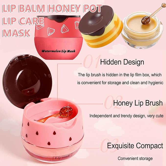 3PCS Bee Lip Balm Honey Pot,Honey Strawberry Watermelon Lip Mask Overnight Moisturizing Lip Balm,Hydrating Prevention Dry & Cracked Nourishing Sleeping Lip Mask (Honey+Strawberry+Watermelon)-VivaGrace Women