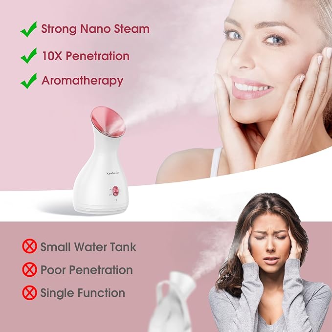 Newbealer 2in1 Facial Steamer, Hot Mist Facial Aromatherapy Humidifier Atomizer, Large Face Steamer Unclogs Pores Sinuses Moisturizing, Home Sauna Spa with Eyebrow Set (Red, 170ml)-VivaGrace Women