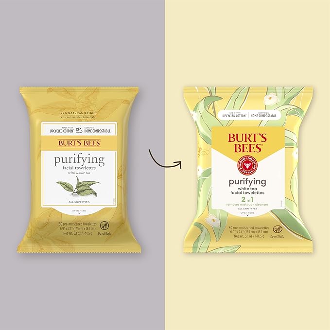 Burt's Bees Purifying Facial Towelettes With White Tea, Pre-Moistened Towelettes for All Skin Types, 99.1 Percent Natural Origin Skin Care, 30 ct. Package
