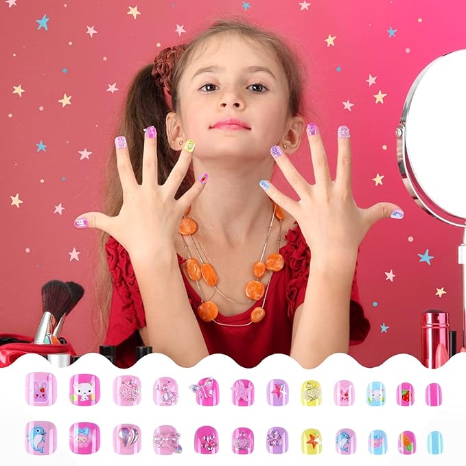 JANYUN Children False Nails, 96Pcs Stick on Nails for Kids Pre-glue Full Cover Short Fake Nails Party Favors Gift (3D)