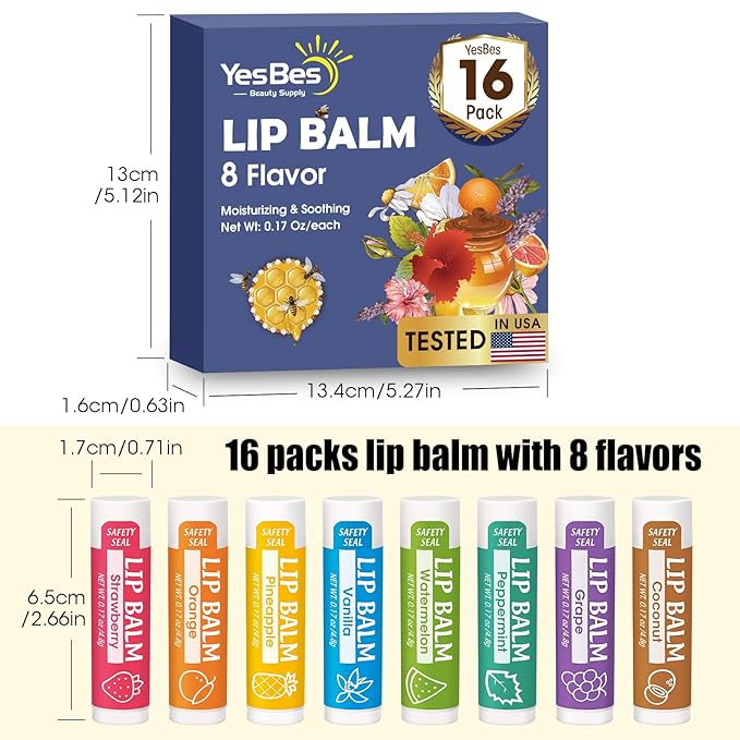 16 Pack Lip Balm, Natural Lip Balm Bulk with Vitamin E and Coconut Oil, Moisturizing Lip Balm for Dry Cracked Lips, Lip Balm for Stocking Stuffers - 8 Flavors-VivaGrace Women