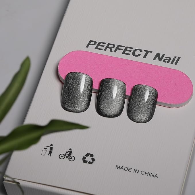 Cat Eye Short Square Press On Nails, Ethereal Glow in a Dewy Gray-to-White Gradient, Glossy Gel Finish Acrylic Nails Press Ons Short, Thick Natural Reusable Glue On Nails For Women, Dewy Grey
