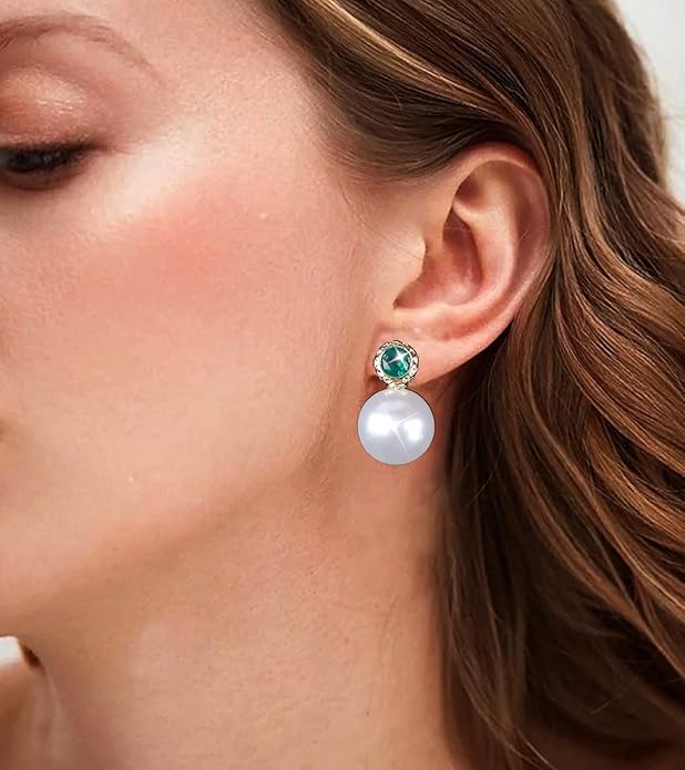 Vintage Emerald Pearl Earrings Gold Pearl Drop Earrings Green Emerald Studs Earrings Rhinestone Pearl Emerald Earrings Jewelry for Women-VivaGrace Women