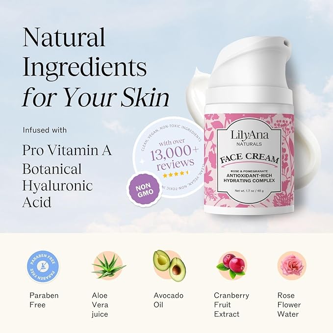LilyAna Naturals Face and Neck Moisturizer for Women and Men - Moisturizer Face and Neck Cream for Dry Skin and Dark Spot Brightening - Rose and Pomegranate Extracts - 1.7oz-VivaGrace Women