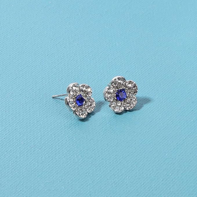 Boho CZ Flower Studs Earrings Silver Crystal Earrings Blue Flower Earrings Studs Wedding Earrings Jewelry for Women and Girls-VivaGrace Women