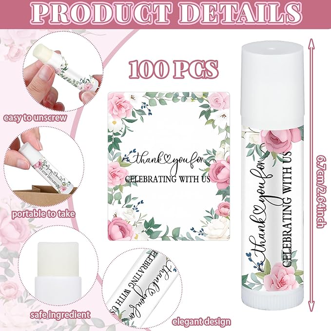 Dunzy 100 Pack Hello Fall Thanksgiving Party Gifts Bulk Lip Balms Favors Employee Appreciation Gifts Thank You Gifts Team Inspirational Gifts for Women Men Coworkers Satff Teachers(Pink Rose)-VivaGrace Women
