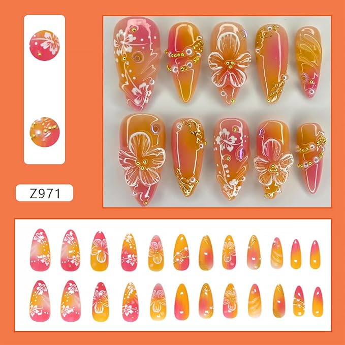24Pcs Flower Press on Nails Medium Almond Handmade Fake Nails with 3D Pearl Charms Design Orange Red False Nails Full Cover Artificial Glue on Nails Spring Summer Stick on Nails for Women DIY Manicure