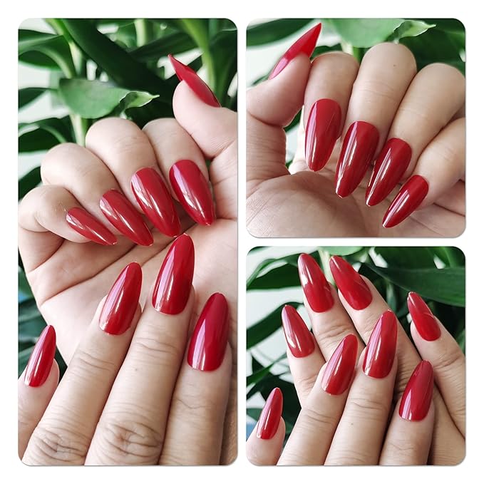 LoveOurHome 240pc Christmas Almond Press on Nails Medium Fake Nail Tips Burgundy Acrylic Nails Press ons Nail Almond Glue on Nail Short Stiletto Fingernail & Glue Adhesive Tabs for Women Girls Kids