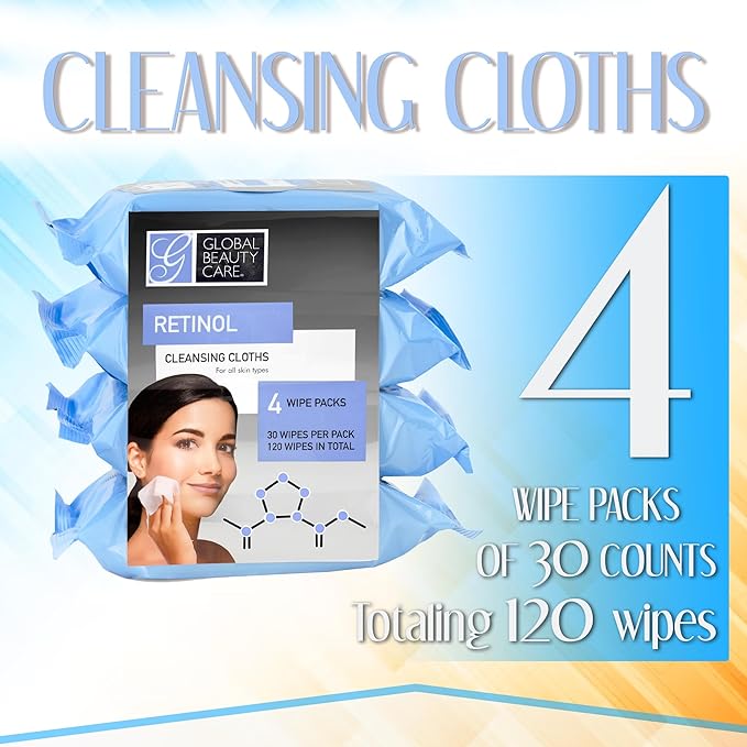 Global Beauty Care Retinol Cleansing Facial Towelettes, Makeup Remover Wipes, Nourishing Face & Eye Hypoallergenic, Paraben-Free, Non-Comedogenic, Hydrates & Smooths Skin 30 Wipes, 120 Count 4 Pack