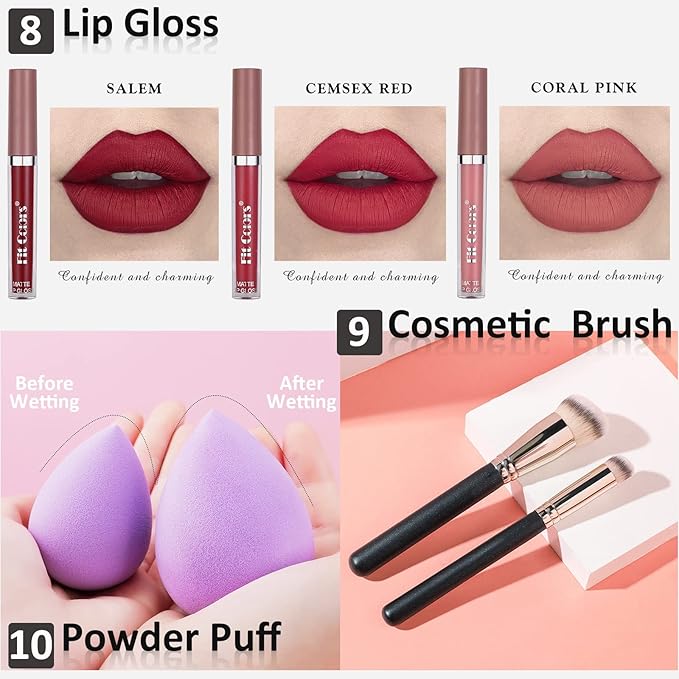 All In One Makeup Essential Starter Kit for Beginners or Pros, 18 Colors Naked Eyeshadow Palette Nude Face Primer, Brush, Sponge, Eyebrow Powder, Winged Eyeliner Stamp (SetA)-VivaGrace Women