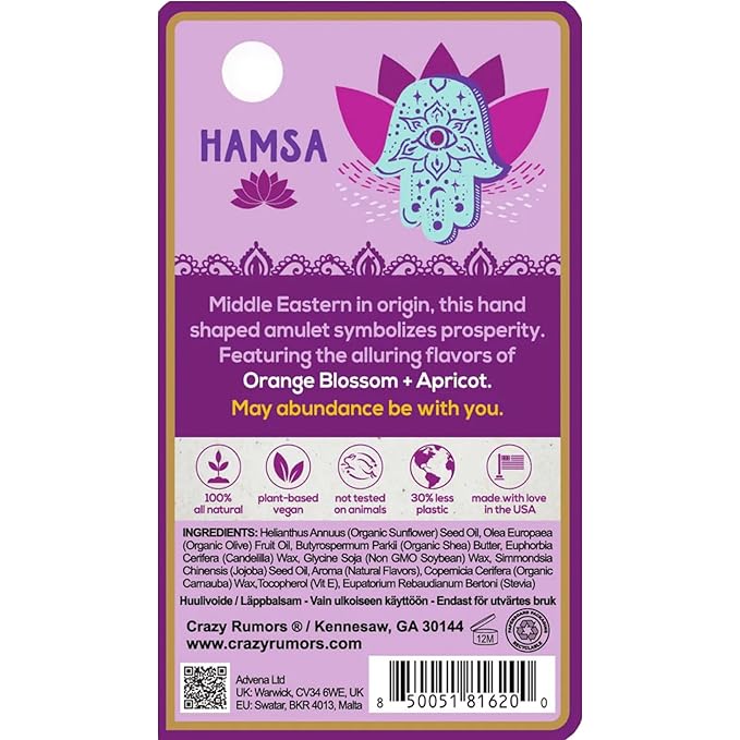 Crazy Rumors Happy Juju All Natural, Plant-Based Lip Balm with Organic Shea & Jojoba 1 Pack (Hamsa)-VivaGrace Women