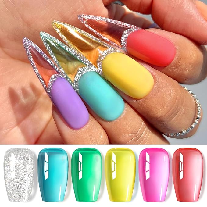 Born Pretty Jelly Gel Nail Polish Set Spring Summer Crystal Glass Translucent Pastel Sheer Gel Polish Pink Green Blue Red Yellow Silver Shiny Glitter Gel Nail Polish Nail Art Gel DIY Gift 6PCS-VivaGrace Women