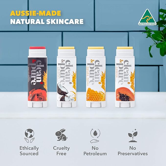 Lip Balm - Bees Knees (4 pack) | Manuka Honey Beauty Products | Vitamin E Oil | Flavored Lip Balm | Australia Made | Rose | Manuka Honey | Cocoa Butter | Manuka Oil | Coconut Oil | Papaw-VivaGrace Women