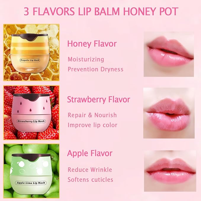 3 PCS Bee Lip Mask Lip Balm Honey Pot, Strawberry & Honey Lip Sleeping Mask Hydrating Prevention Dry and Cracked Lip Scrubs Exfoliator,Lip Mask Overnight Reduces Lip Lines-VivaGrace Women