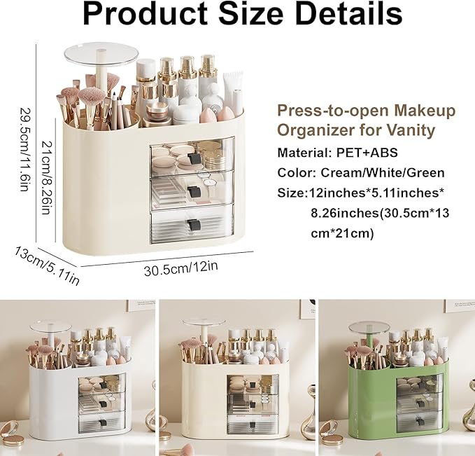 DASITON Makeup Organizer with 3 Drawers,Automatic Lifting Makeup Brush Holder with Lid,Large Capacity Makeup Organizers for Vanity,Bathroom Countertop,Ideal Storage Skin Care,Brushes,Lipstick (Cream)-VivaGrace Women