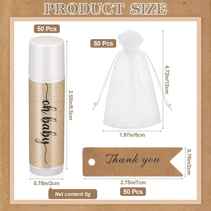 50 Sets Baby Shower Lip Balm Favor with Thank You Tags and Organza Bags, Lip Balm Bulk Baby Shower Gifts for Guests Prizes Gender Reveal Souvenirs Neutral Birthday Supplies-VivaGrace Women