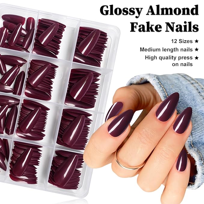 LoveOurHome 240pc Christmas Almond Press on Nails Medium Fake Nail Tips Acrylic Nails Press ons Nail Almond Burgundy Red Short Stiletto Artificial Fingernail & Glue Adhesive Tabs for Women Girls Kid