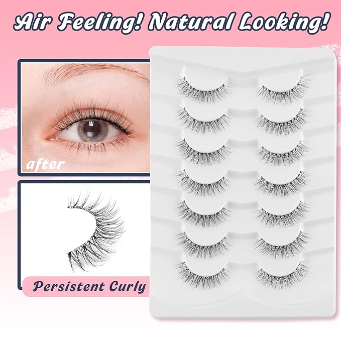 Natural Lashes False Eyelashes 12 MM Short Lashes WIspy 3D Volume Fake Eyelashes Pack C Curl Soft Eye Lash with Thin Cotton Band 7 Pair False Lashes Siligli-VivaGrace Women