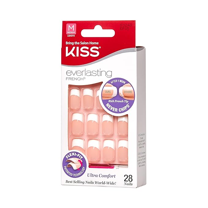 Kiss Everlasting French Nail Manicure, Chip-Free with Flexi-Fit Technology, Medium, "Infinite", Nail Kit with Pink Nail Glue (Net Wt. 2 g / 0.07oz.), Mini File, Manicure Stick, and 28 Fake Nails