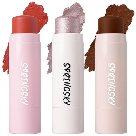 3Pcs Multi-Use Face Makeup Sticks Sets, Blendable Cream Blush Stick For Cheeks Lips, Highlighter Contour Shading Sticks Moisturizer Make Up Sets For Women (02)-VivaGrace Women