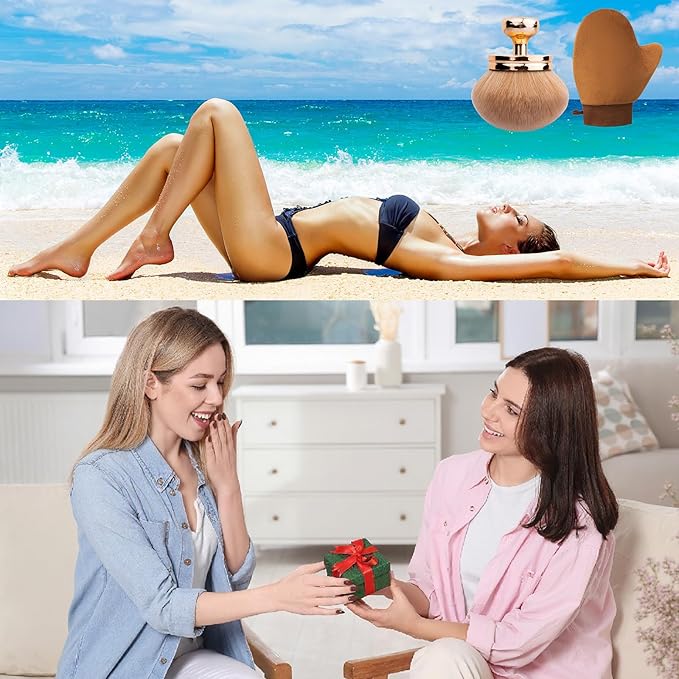 Self Tanning Brushes- Blend & Blur Extra Large Body Makeup Brush & Tanning Mitt, 2 Pcs, Kabuki Body Brush Applicator for Tan, Foundation, Self Tanner Glove for Application, Mousse, Lotion (Rose Gold)-VivaGrace Women
