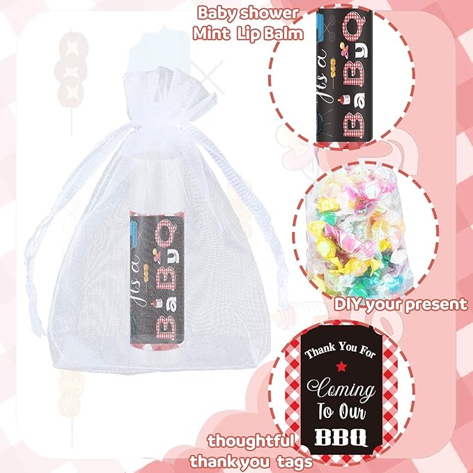 Demissle 50 Pcs Baby Shower Lip Balm Gift Set with 100 Pcs Organza Bags Baby Shower Party Favor for Guest Thank You Tag Rope Baby Shower Party Decoration Gender Reveal Souvenirs (Bbq)-VivaGrace Women