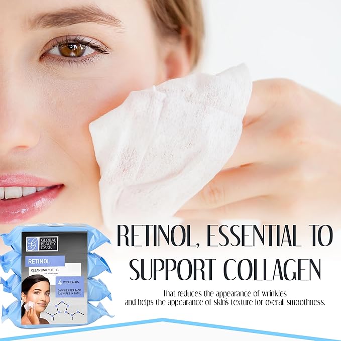 Global Beauty Care Retinol Cleansing Facial Towelettes, Makeup Remover Wipes, Nourishing Face & Eye Hypoallergenic, Paraben-Free, Non-Comedogenic, Hydrates & Smooths Skin 30 Wipes, 120 Count 4 Pack