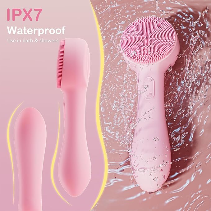Facial Cleansing Brush Silicone Face Scrubber Waterproof Rechargeable Exfoliator Massage Device for Men & Women, Deep Pore Cleansing, Exfoliating, Removing Blackhead Electric Face Scrub Brush (Pink)-VivaGrace Women