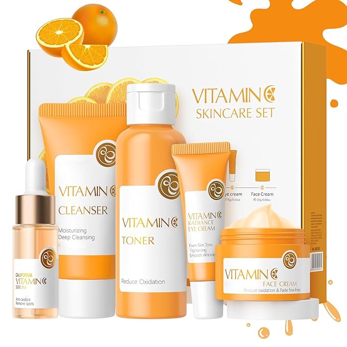Vitamin C Skincare Set, 5Pcs Skincare Gift Set With Cleanser, Toner, Face Serum, Face Cream, And Eye Cream, Facial Kit for Women, 5-In-1 Skin care Gift Set, Moisturizing Skincare Set For Women Men-VivaGrace Women