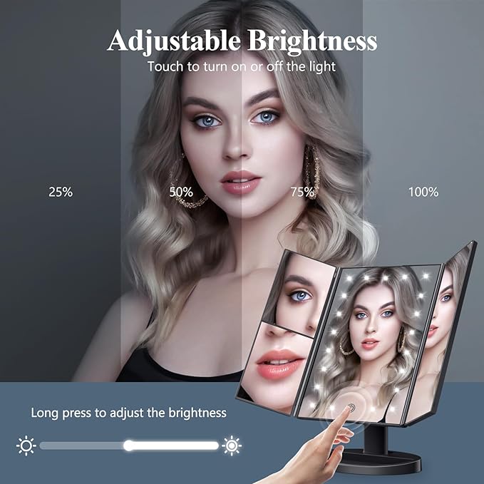 HUONUL Makeup Mirror Vanity with Lights, 2X 3X 10X Magnification, Lighted Mirror, Touch Control, Trifold Dual Power Supply, Portable LED Women Gift (Black)-VivaGrace Women