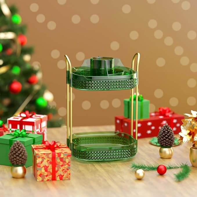 Awenia Rotating Makeup Organizer 360, Stackable Adjustable Large Capacity Cosmetic Storage Unit,Dresser Bathroom Kitchen Countertop Organizer with Metal Handle, Plus Size (Gem Green, 2 Tier)-VivaGrace Women