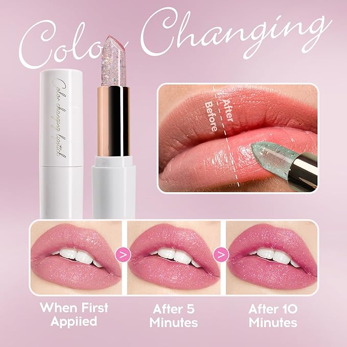 Purple Shimmer Lipstick,Ph Mood Magic Color Changing Lip Balm Plumping Glimmer Glow Lipstick Hydrating Lip Glow Oil Lasting Tinted Lip Balm Moisturizing Lips Care Temperature Jelly Lipstick(5#)-VivaGrace Women
