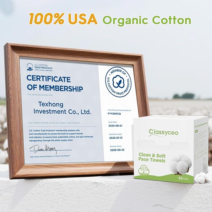 Classycoo 100% USA Organic-Cotton Disposable Face Towel, Ultra-Soft for Sensitive-Skin Facial Wipes Cleansing Towels, Odor-Free, Makeup Remover Cloths for Travel, Beauty, Home Hand Dry Wipe(50 Count)