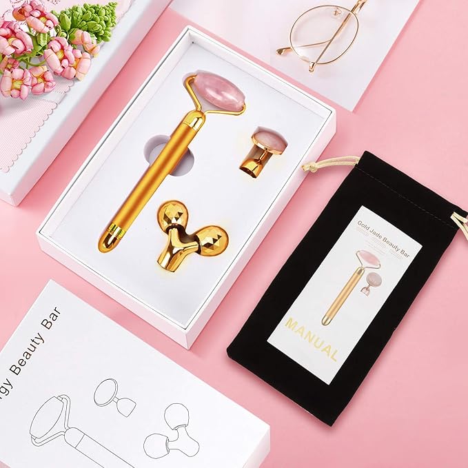 3-IN-1 Electric Jade Roller 3D Roller Facial Roller & Face Massager,Gold-VivaGrace Women