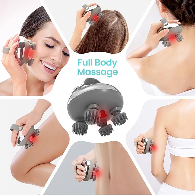 Portable Electric Scalp Massager - Rechargeable IPX7 Waterproof Heated Scalp Massager w/ 100 Kneading Nodes, 3 Speed Modes, 2 Massage Styles, 8 Claws for Scalp/Body Massage & Face Cleaning (SilverïŒ