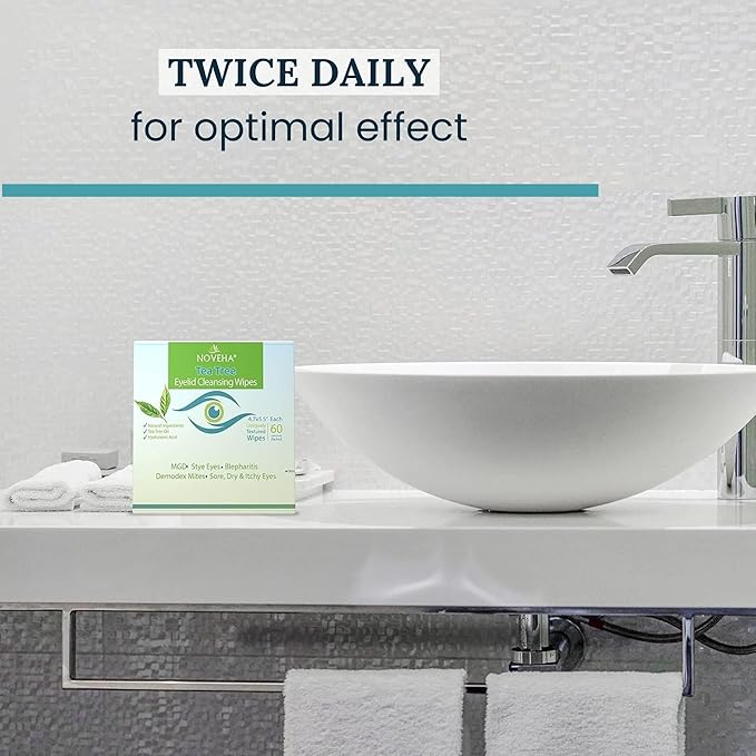 NOVEHA 120Pcs Tea Tree Oil Eyelid & Lash Wipes With Hyaluronic Acid, Green Tea & Chamomile For Blepharitis & Itchy Eyes, Individually Wrapped Eyelash Wipes, Natural Makeup Remover & Cleanser (2 Pack)-VivaGrace Women