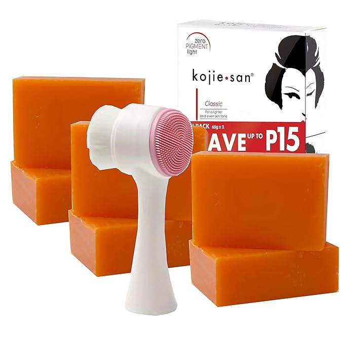 Kojie San Skin Brightening Brush Set - Original Kojic Acid Soap That Helps Reduces Dark Spots & Other Types of Skin Damage – 65g x 6 Bars and Relumins Deep Pore Facial Cleansing Brush-VivaGrace Women