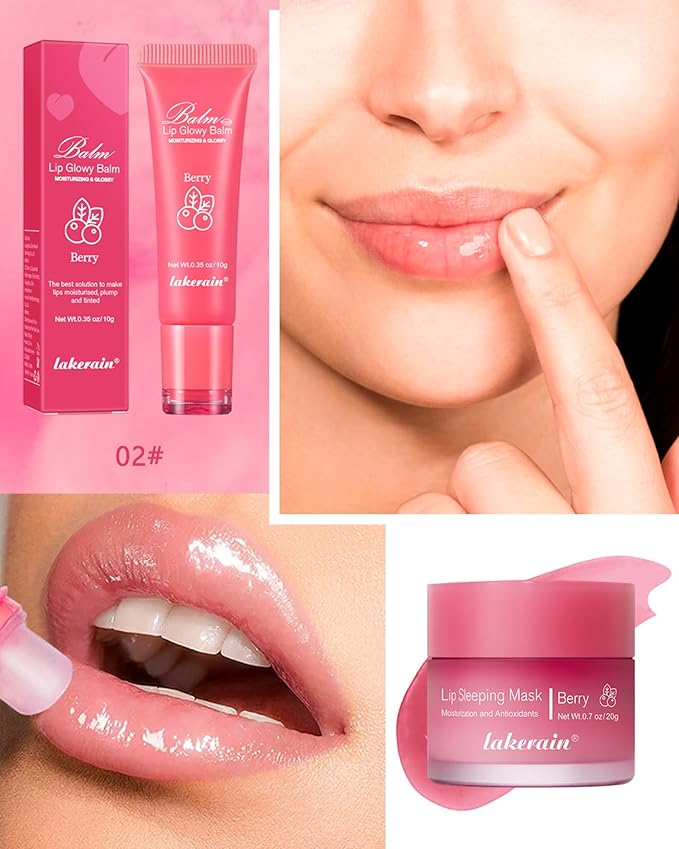 2Pcs Lip Glowy Balm & Lip Sleeping Mask Set,Hydrating Nourishing Repair Sleeping Lip Mask,Glossy Tinted Lip Balm,Day & Night Smooth Cracked Chapped Dry Lip,Lip Care Therapy Treatment for Women-02Berry-VivaGrace Women