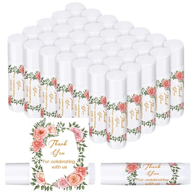 Dunzy 50 Pcs Thank You Gift Lip Balm Bulk Baby Shower Party Favors Bridal Shower Favor Lip Care with Assorted Fruit Flavors Thank You Lipstick for Guest Basket Gift Stuffer (Wedding)-VivaGrace Women