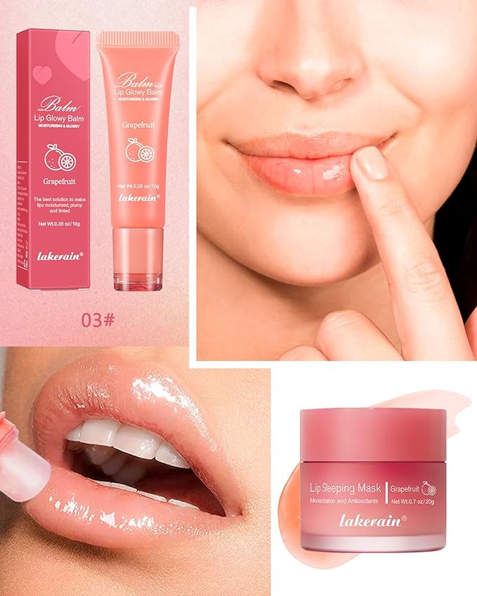 2Pcs Lip Glowy Balm & Lip Sleeping Mask Set,Hydrating Nourishing Repair Sleeping Lip Mask,Glossy Tinted Lip Balm,Day & Night Smooth Cracked Chapped Lip,Lip Care Therapy Treatment for Women-Grapefruit-VivaGrace Women