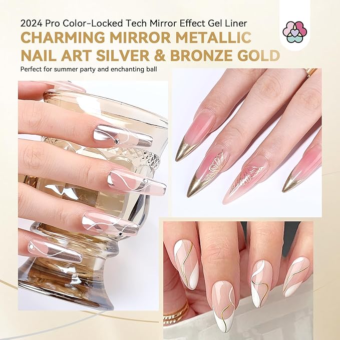 SAVILAND Metallic Gel Liner Nail Art: 2PCS Silver & Gold Metallic Gel Nail Polish Chrome 3D Effect Mirror Gels Polish Build in Thin Brush Metal Painting Gels Nails Design for Salon Home DIY