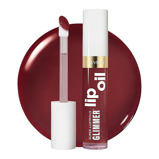 REVLON Super Lustrous Glimmer Lip Oil, Moisturizing & Tinted, Shiny Finish, Made with Plant-Based Squalane, 010 Wined Down, 0.13 fl oz-VivaGrace Women