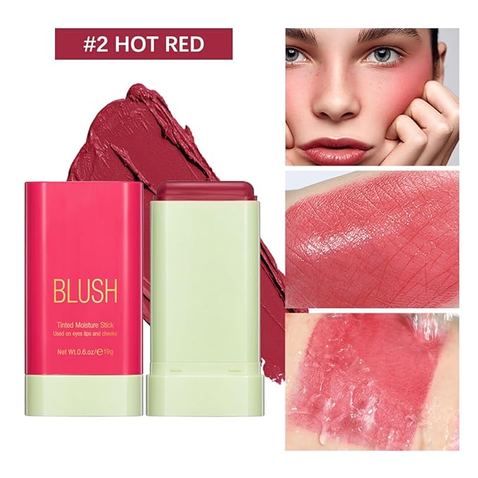 Blush Stick, Cream Blush Stick for Cheeks & Lips, Blendable Long-Lasting Multi-Use Contour Stick & Highlighter Makeup (#2 HOT RED)-VivaGrace Women