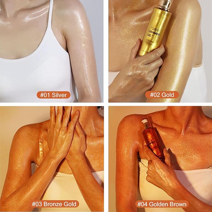 Shimmer Body Oil-Gold Face Brighten Glow Pearl Highlighter Liquid Illuminator Body Glow Oil,4 Color Bronze Makeup Glitter Body Shimmer Oil with Makeup Brush-VivaGrace Women