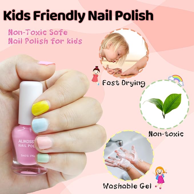 Kids Nail Polish Set for Girls - 10 Rainbow Colors Non-Toxic Quick Dry Peel Off Water Based Nail Polish Toys Kit for Toddler Teen Party