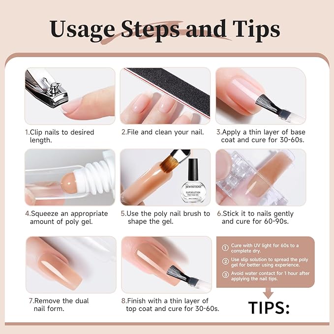 JEWHITENY Poly Nail Gel Set Clear Nude Brown Neutral Classic Color Base and Top Coat Slip Solution Poly Extension Gel With Acrylic Nail Builder Need U V Lamp Curing-VivaGrace Women