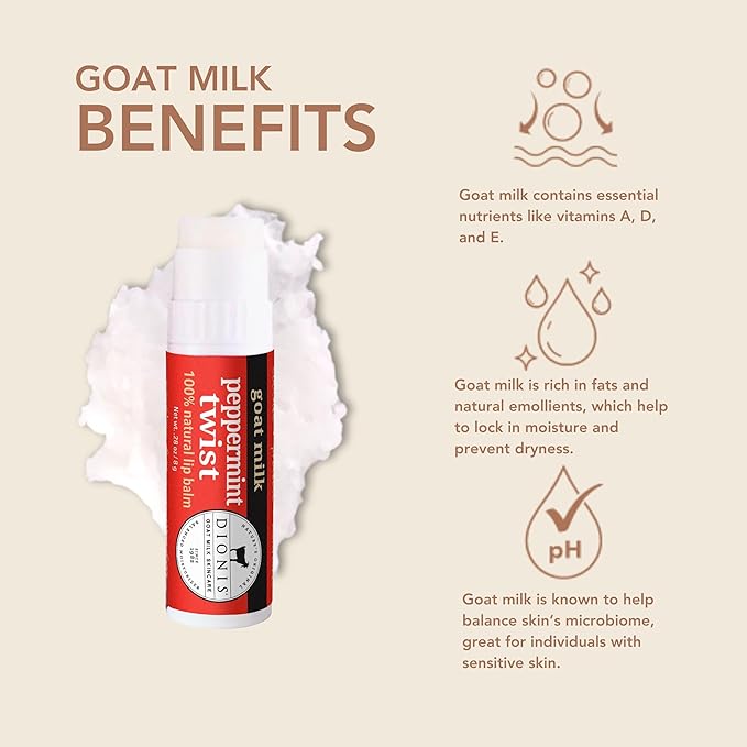 Dionis - Goat Milk Skincare Peppermint Twist Scented Lip Balm - Set of 6 (0.28 oz) - Made in the USA - Cruelty-free and Paraben-free-VivaGrace Women